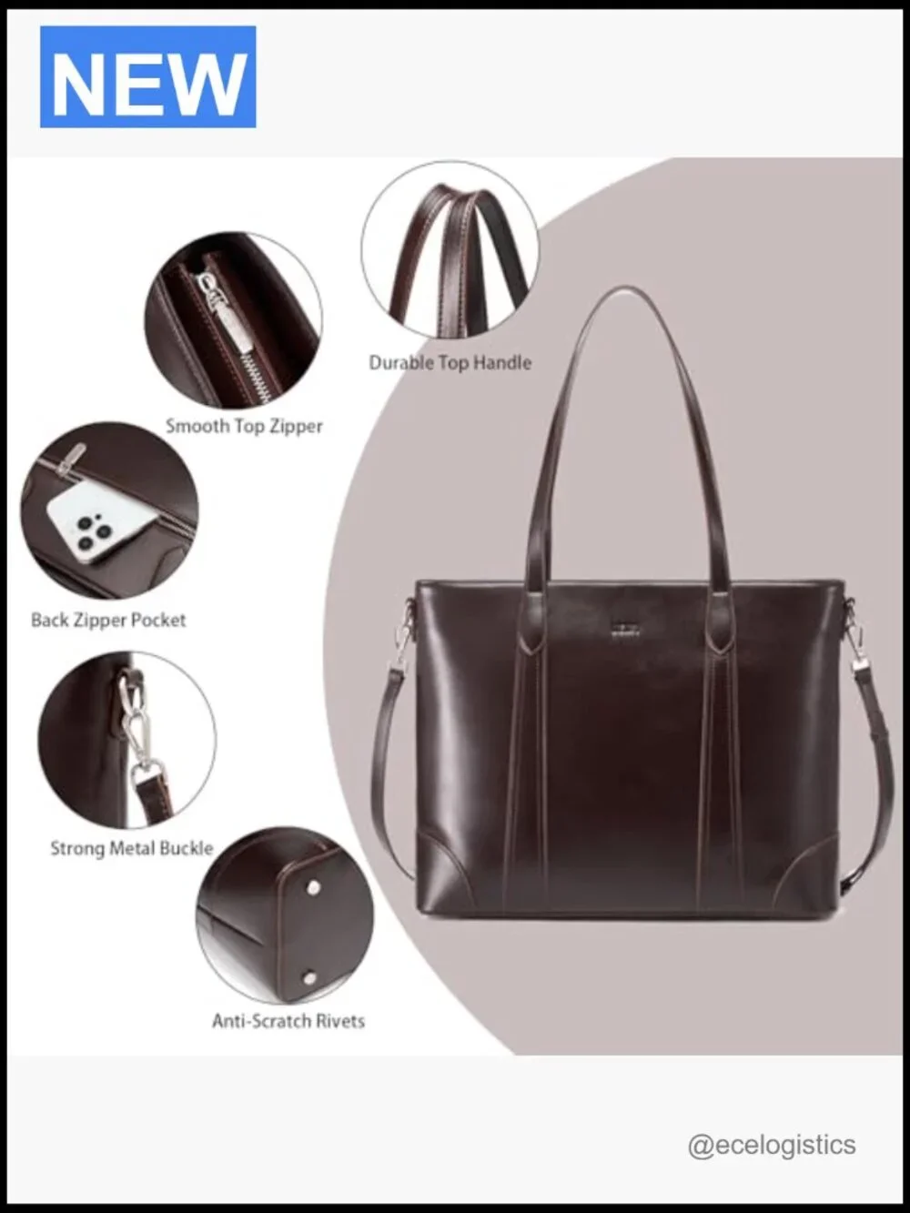 Large Vintage Leather Tote Bag with Multiple Pockets